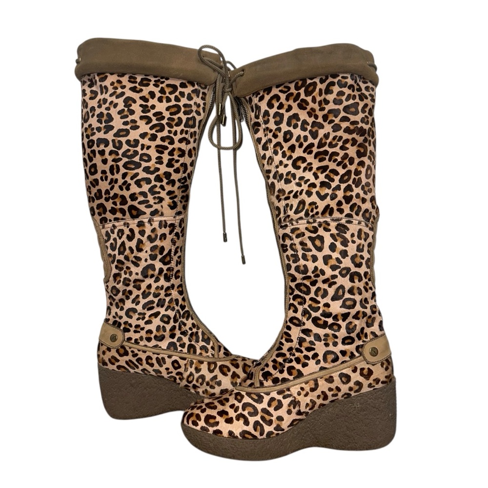 Cole Haan Cheetah Calf Hair Sherpa Lined Knee High Wedge Boots Safari Y2K 9B